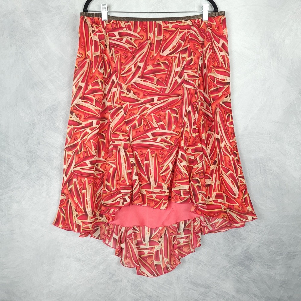 Vintage Y2K Skirt Womens 18 Red Geometric Chiffon Asym Hem Ruffle Flare High Low